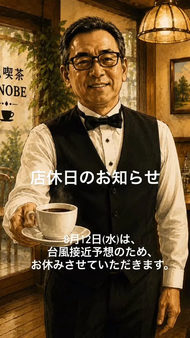 ☕
【純喫茶RINOBE｜店休日のお知らせ】
8月12日（水）は、
台風接近が予想されるため、
お休みとさせていただきます。
－－－－－－－－
ご来店を予定されていた皆さま、
申し訳ありません。🙏
皆さま安全第一で。
また次の営業日に。
－－－－－－－－
「ふらっと、一息。」
ーー 純喫茶RINOBE ーー
#純喫茶RINOBE
#臨時休業
#週に一度はモーニング
#京丹後
#ふらっと一息